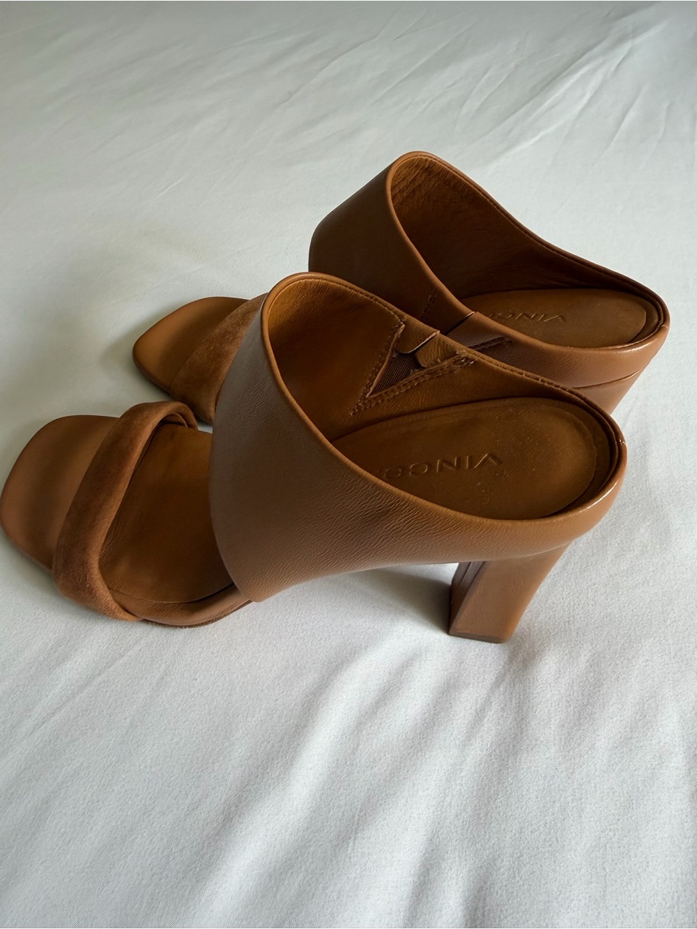Vince "Quinn" Brown Tan Suede Leather High Block Heel Mule Sandals - Picture 9 of 15